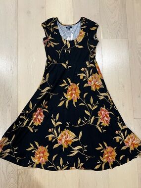 Chaps Cottagecore Floral A-Line Short Sleeve Dress Black, Gold/Orange,Pink Large